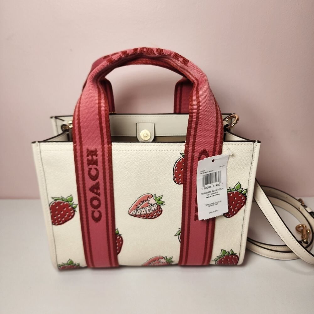 NWT Coach Smith Tote Bag 24 With Strawberry Print CAR80 Chalk Multi - Picture 3 of 7